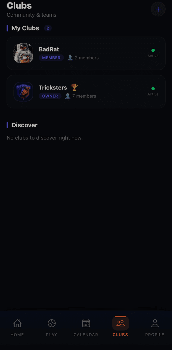 Plai Arena mobile app — Clubs tab, community home for recurring groups.