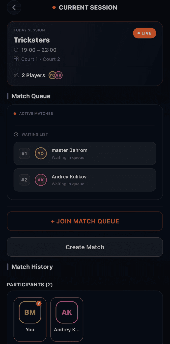 Plai Arena mobile app — Current Session screen with no active session (Join Game, Create Session).