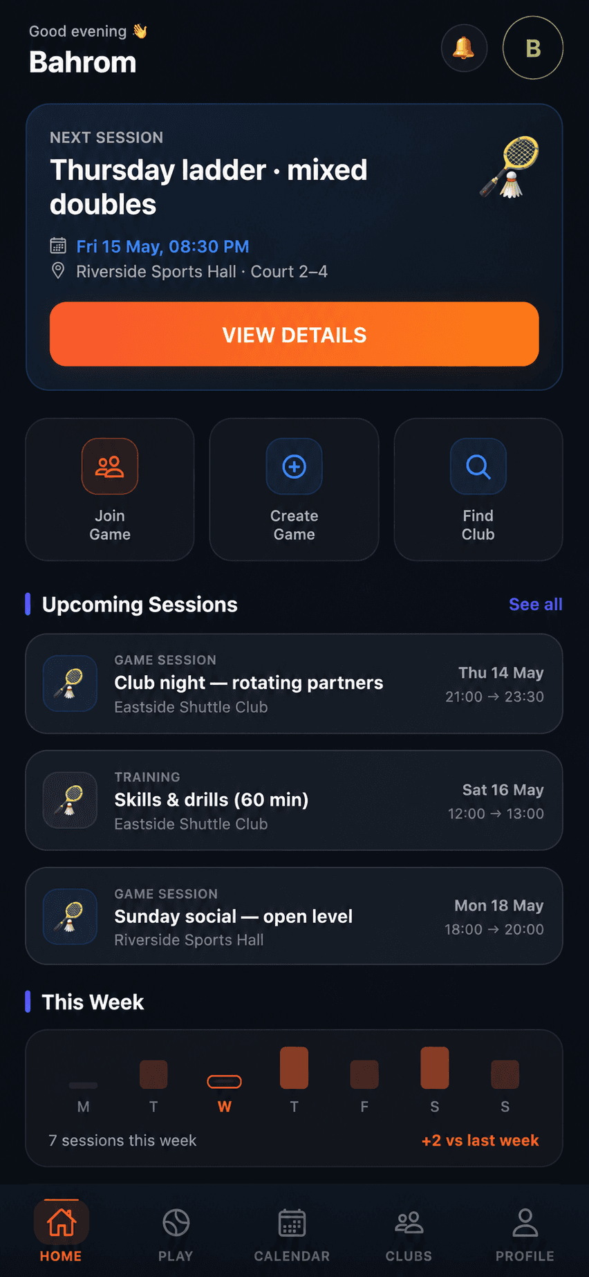 Plai Arena mobile app — Home tab (Expo web export of the same React Native surfaces as iOS/Android).