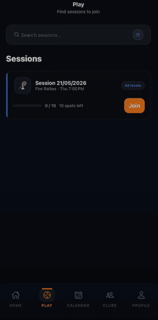 Plai Arena mobile app — Play tab for queues, match flow, and structured games.