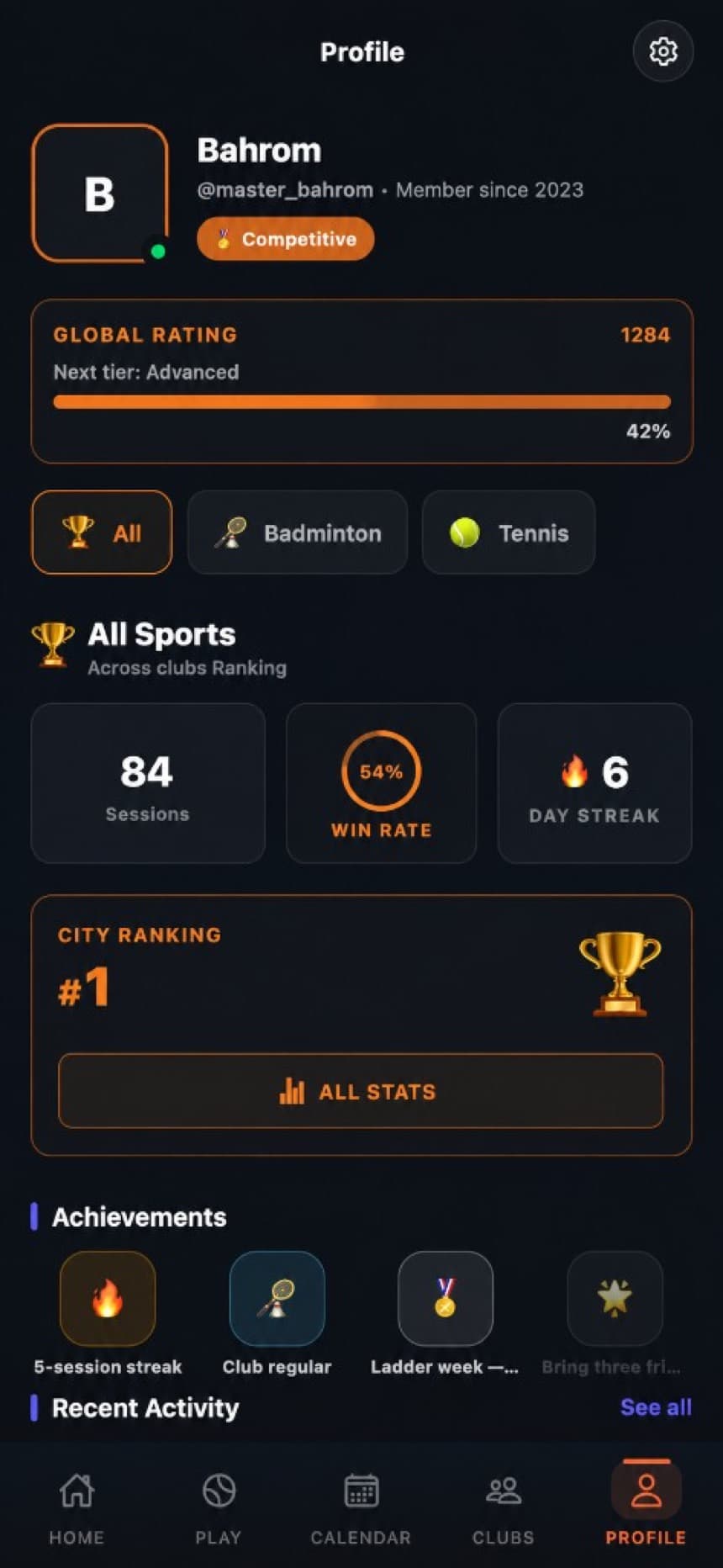 Plai Arena mobile app — Profile tab with identity and sport entry points.