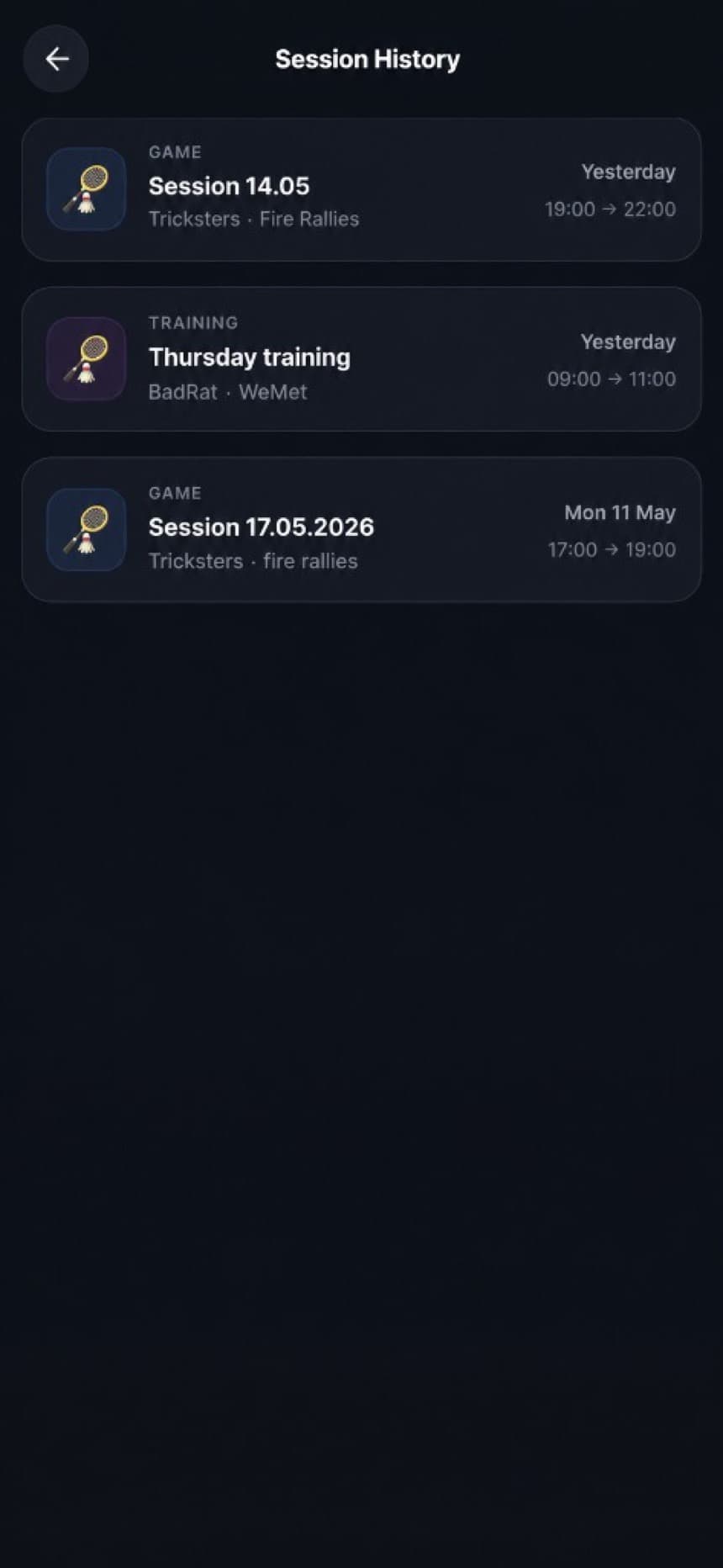 Plai Arena mobile app — session history and outcomes that feed the record.