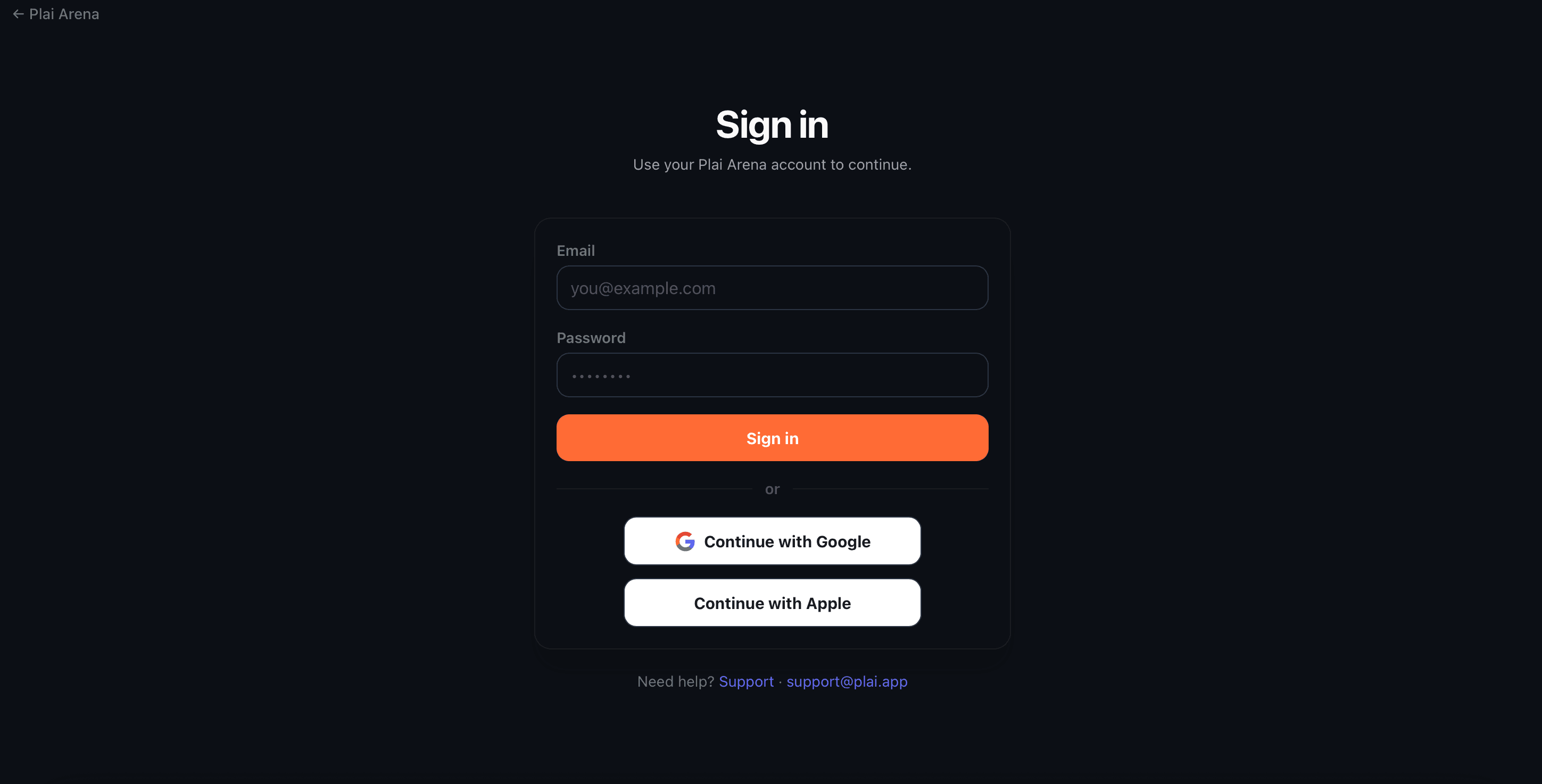 Plai Arena web manager sign-in — organizer live desk in the browser.